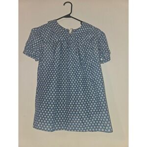 Fossil Blue White Crown Print Cotton Silk Peter Pan Collar Puff Sleeve Blouse S